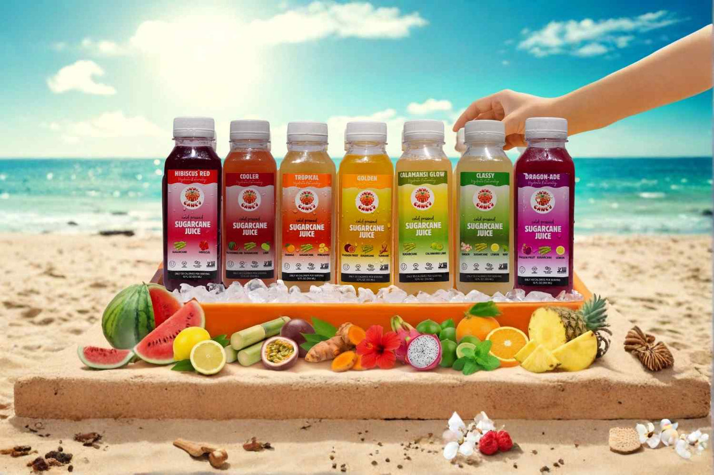Assorted sugarcane juice bottles on a beach with fruits and a blue sky.