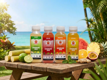 Four bottles of Sugarjuice on a wooden table with tropical fruits and a beach background