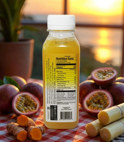 Bottle of juice with nutrition facts label surrounded by passion fruits and turmeric on a checkered tablecloth.
