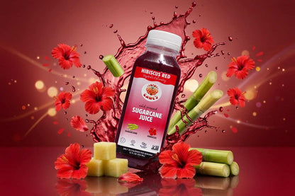 Hibiscus Red sugarcane juice bottle with flowers and juice splashes on a red background